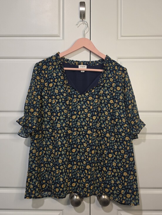 J. Crew Tops - J.Crew Floral Short-Sleeve Ruffle Tie-Neck Blouse Navy Blue Size XXL